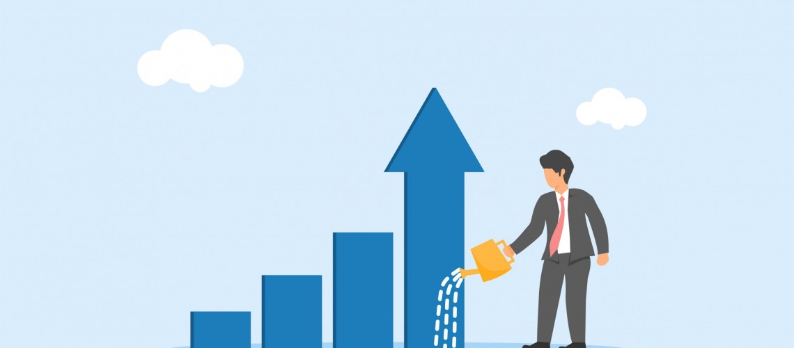 A businessman pouring water in rising graph. maintain stable income and profits. Grow business to increase profit